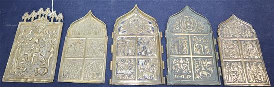 Five 19th century Russian cast brass icons tallest 16.5cm